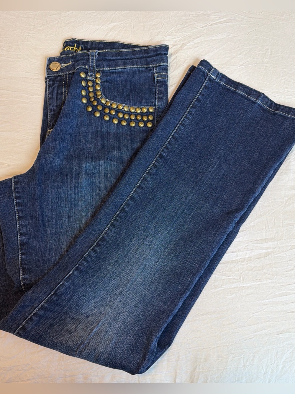 Cache Dark Blue Boot Cut Jeans with Gold Studs